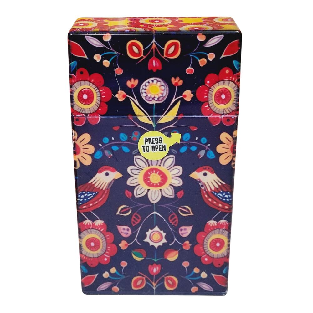 Womens Tampon Holder or Cigarette Stash Case for 100s Navy Floral Birds Pop Up